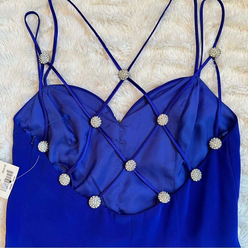 Vintage NITELINE Della Rougogali Sapphire Rhinestone Strap Open Back Mid Dress 4 - Picture 2 of 12